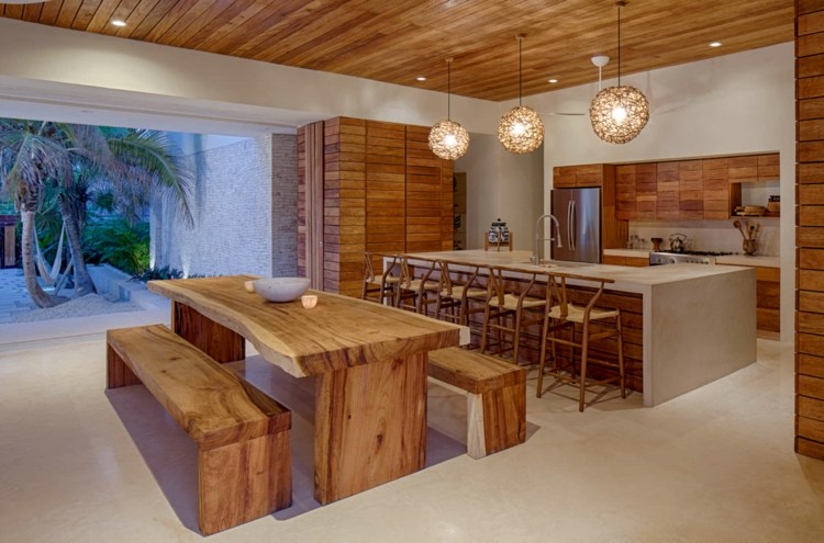 stil rustikt hus matbord bänkar naturligtvis trä kök ö skåp