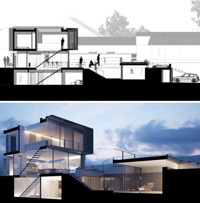 Husets tvärsnittsrumslayout 3D -visualisering