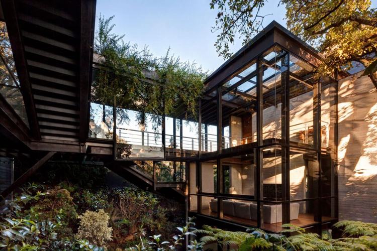 hus-fasad-glas-modern-estetik-exteriör-natur-växt-stål