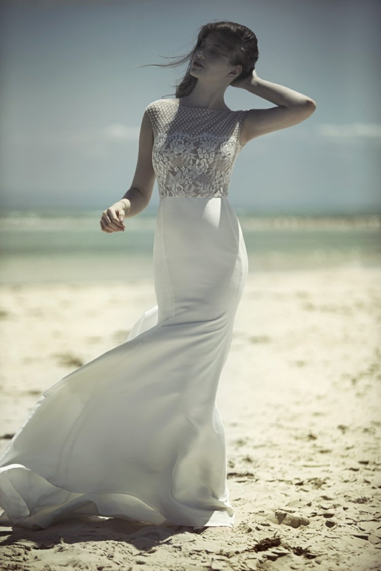 spets bröllopsklänning enkel kjol elegant tätt passande george wu beach