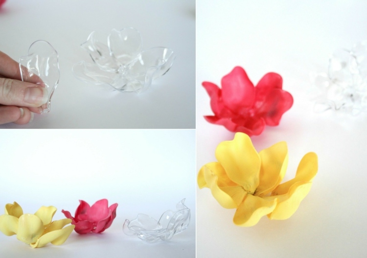 tinker blommor plastsked-instruktioner-diy-idé-färgning-gul-röd