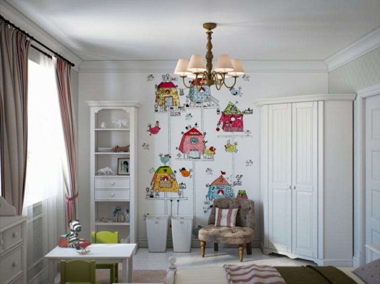 barnrum i vit färgglad väggmålning hörnskåp hylla bord rosgardiner