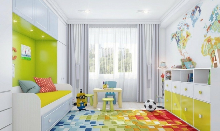 barnrum vita möbler färgglad inredning modern matta geometrisk ombre dagsäng