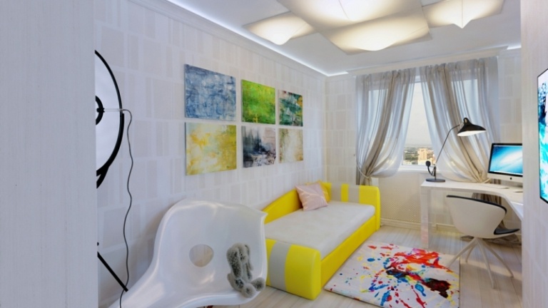 barnrum i vit vägg konst säng accent kontrast gula moderna möbler