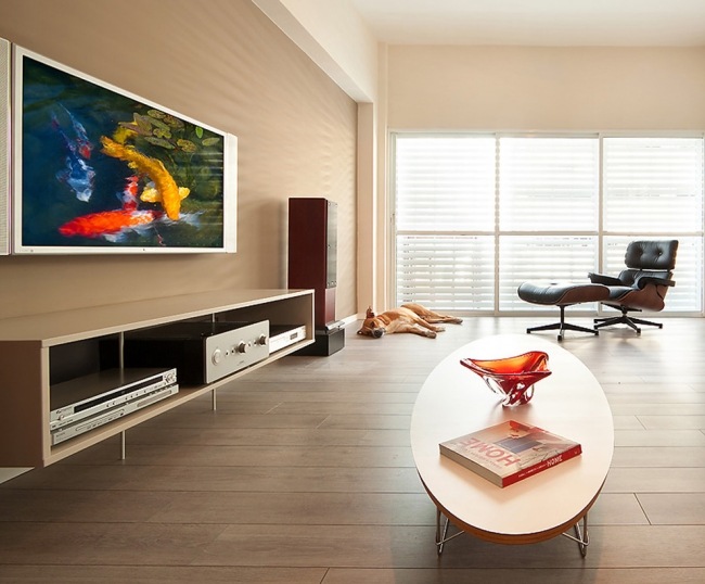 Hemmabio möbler puristisk lägenhet fåtölj plattskärms -tv design