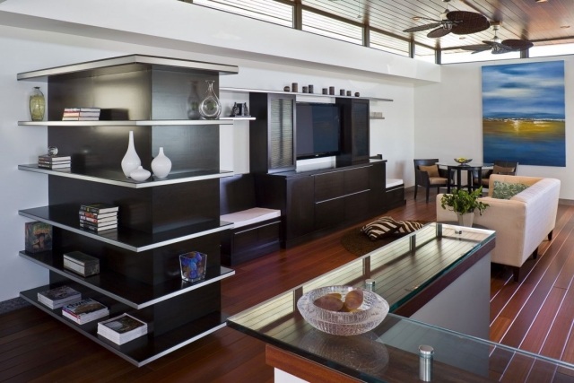 tv -system soffa beige mörkt trä tv -stativ hyllor