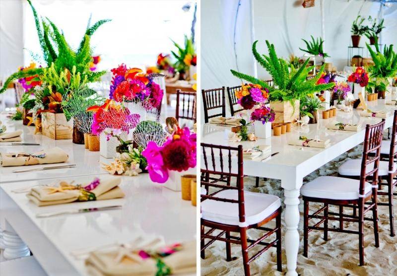 Bröllop-strand-bord dekorationer-färsk-blomma-idéer