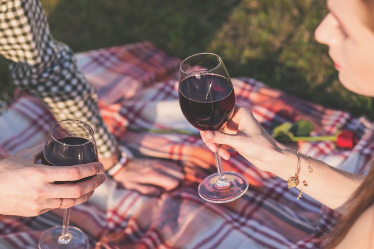 äktenskapsförslag-idéer-romantisk-picknick-rött vin-dryck-filt