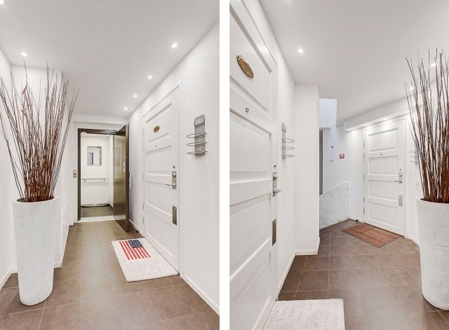 Översta våningen lägenhet-möblering-hall-vit-vägg-klinker-golv