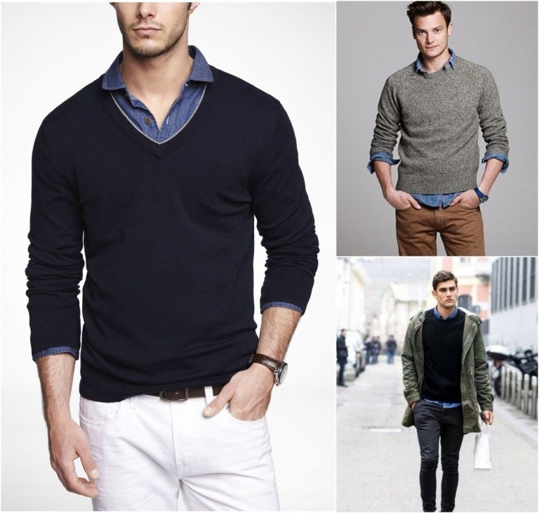 jeansskjorta under tröja kombinerar idéer för män