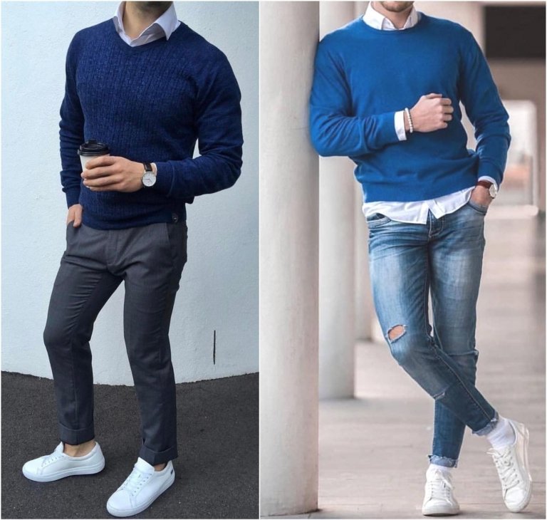 casual outfit för män med skjorta, tröja och vita sneakers