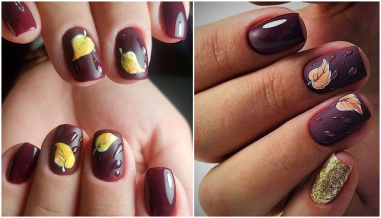 Höstens nageldesign med glitter, bladmotiv och droppar