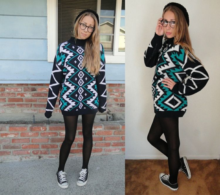 höst outfit med chucks tröja klänning geometriska mönster dam strumpbyxor