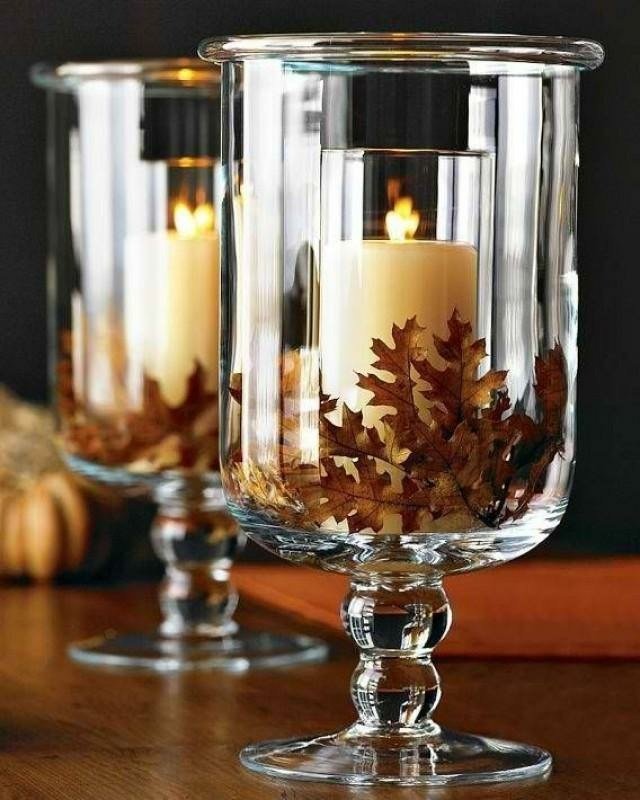 ljusstake glas transparent torkade blad dekoration