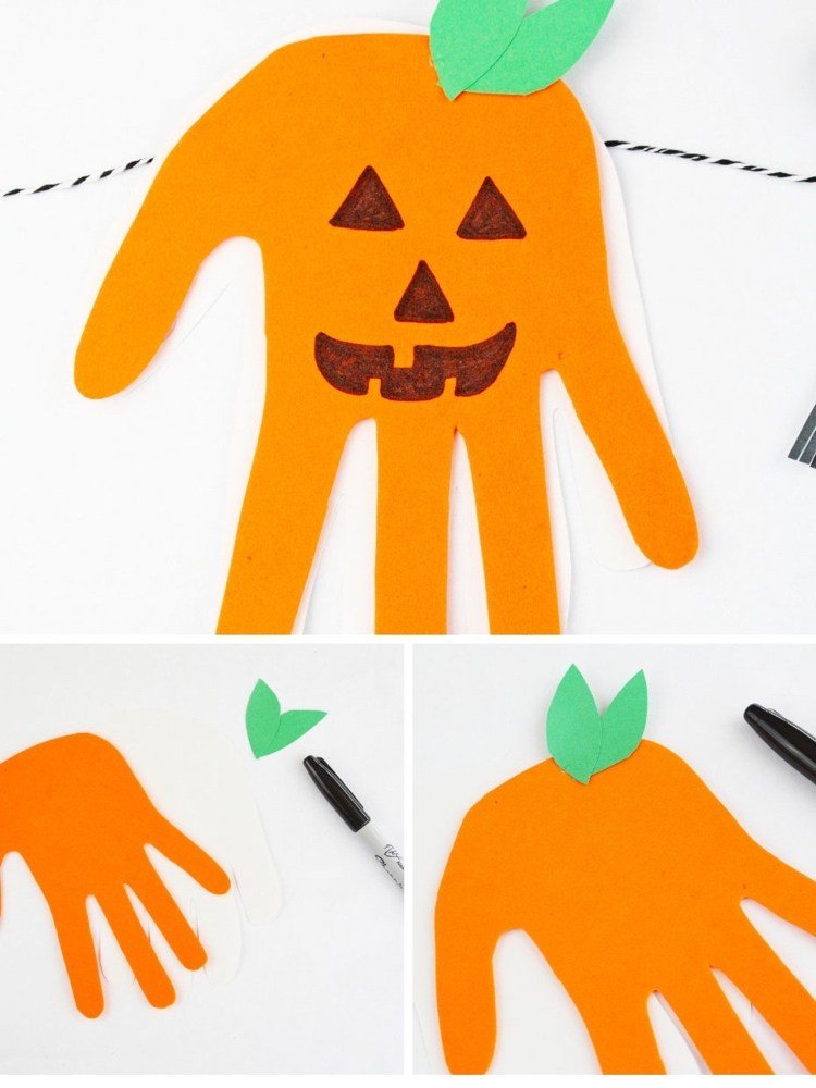Gör pumpa från handavtryck Halloween dekoration av papper