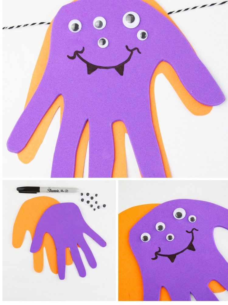 Handavtrycksmonster gör idéer för höstdekorationer till halloweenfesten