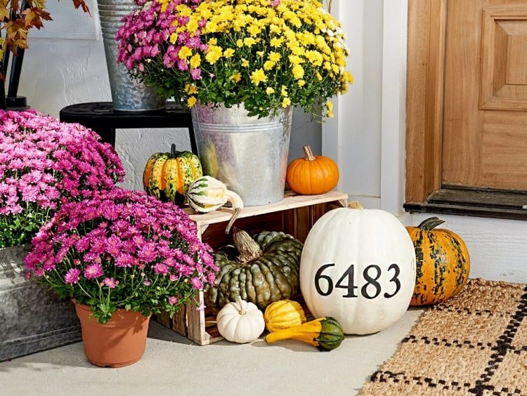 Idé för ytterdörren - husnummer på en vit pumpa och färgglada blommor