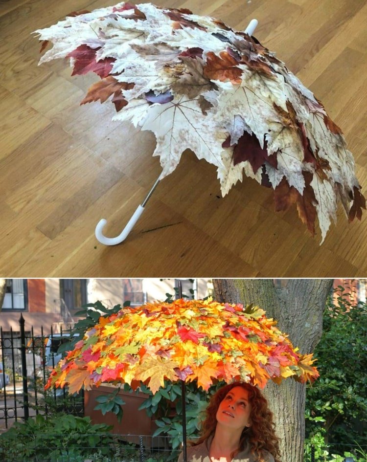 Paraply med färgglada höstlöv som höstdekoration för utsidan