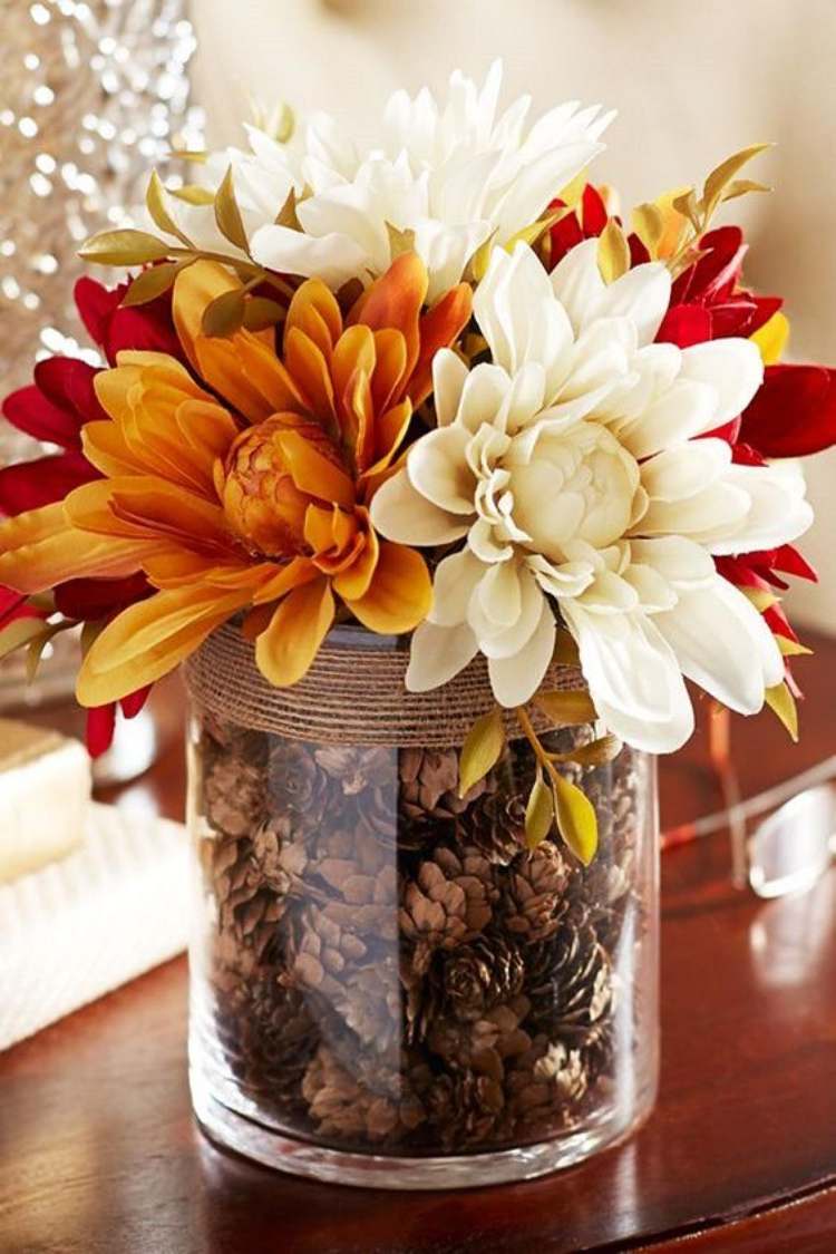 Herbstdeko glas vas blommor minikottar jutesnöre