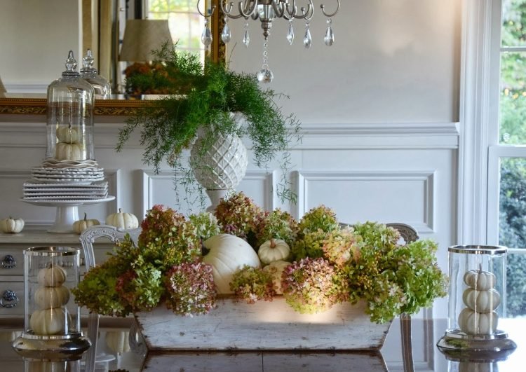 matsal dekoration höst blomma låda hortensia pumpor