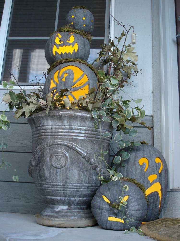 höstdekoration med pumpor halloween grå färgplanter
