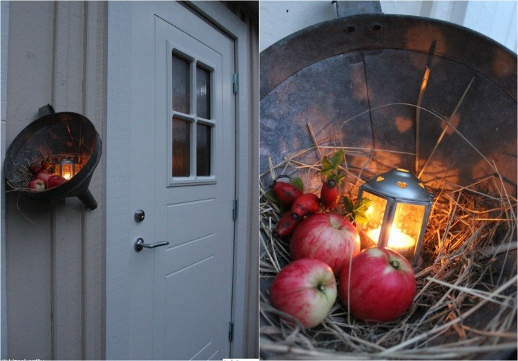 höst-dekoration-utanför-tenn-tratt-halm-äpple-värmeljushållare