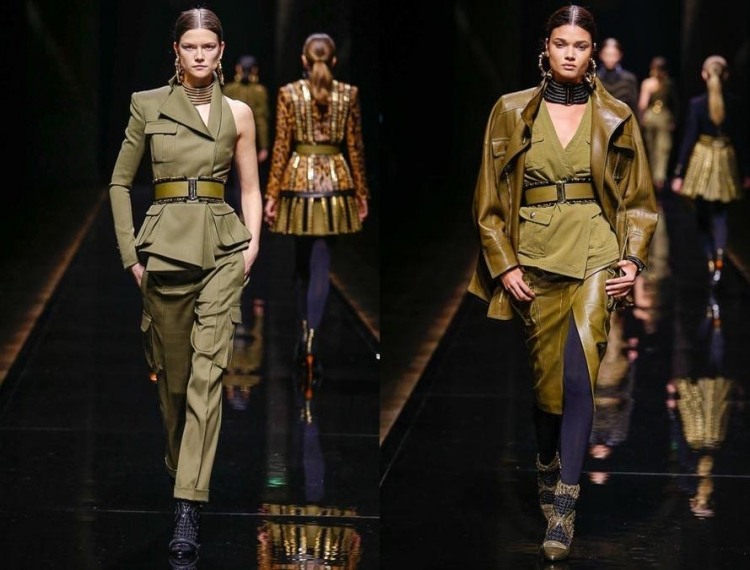 Höstmode 2015-damer-blazer-militär-khaki-uniform-läder-bälte-balmain