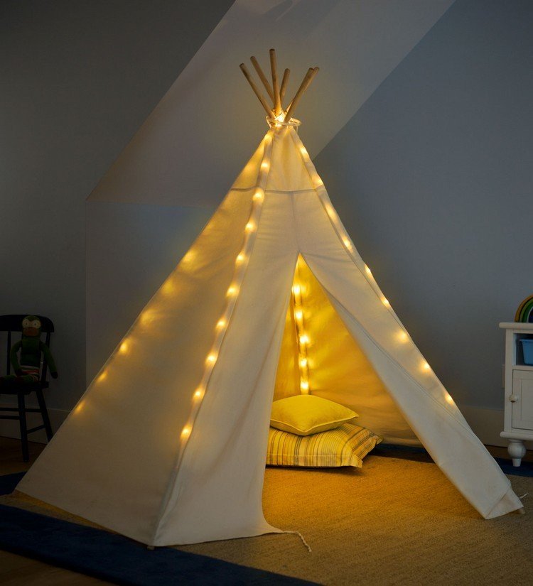 barnrums teepee bygga fairy lights rampinnar