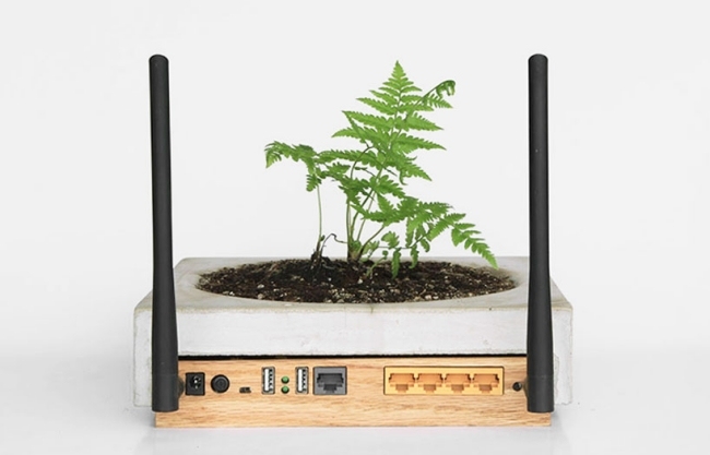 Wifi router moderna funktioner högteknologiska prylar integrerad blomkruka-cybernetisk äng