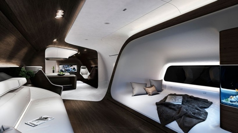High Tech Design -mercedes-lufhansa-hytt-vip-flyer-lounge-flödande-design-vit-trä