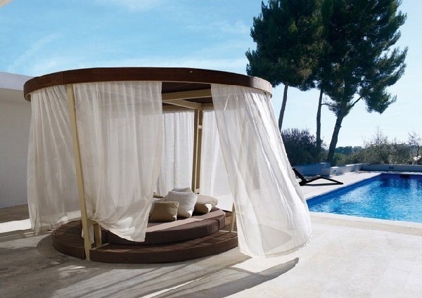 Rund säng himmelsgardin-romantisk utomhus trädgård lounge möbler