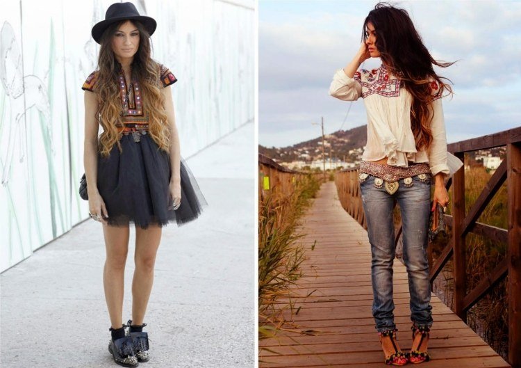 hippie-chic-mode-boho-klänning-jeans-mönster-folkmotiv-blus