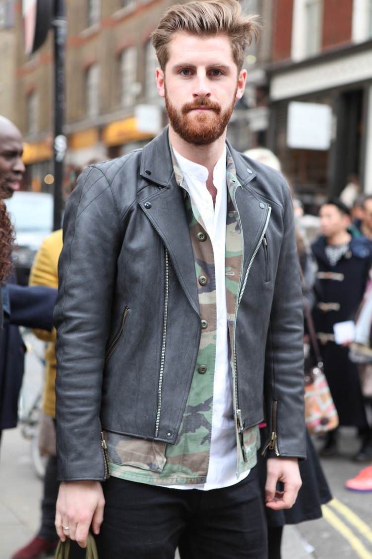 hipster-mode-män-svart-läder-jacka-street-stil-militär