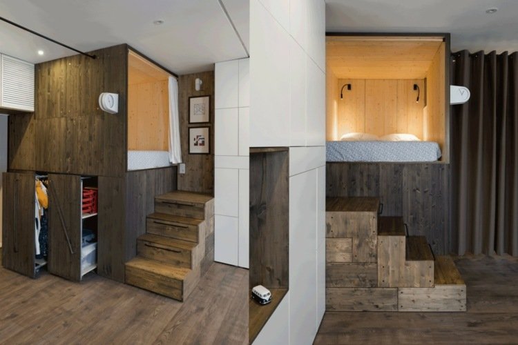 moskva liten lägenhet trä sovlåda tall trä trappor lagringsutrymme