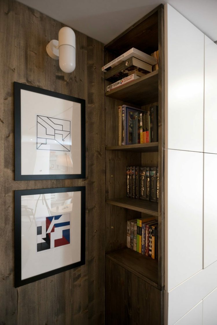 nisch träpanel bokhylla vägg design studio bazi trälåda