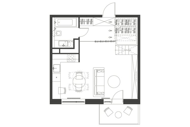 planlösning moskva ett-rumslägenhet studio bazi multifunktionell