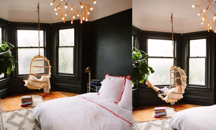 Hängande stol-korg-rotting-sovrum-vägg-färg-svart-säng-ljuskrona-design