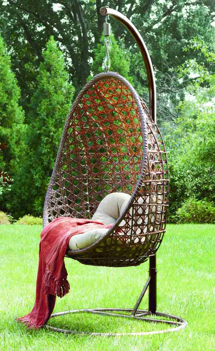Hängande stol-rotting-rotting-modern-utomhus-gräsmatta-trädgård-tak-sittdyna-korgverk
