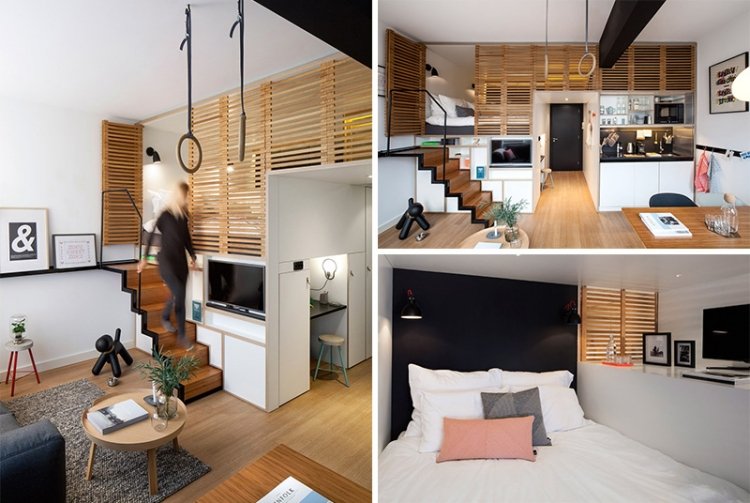 Loft-säng-vuxna-platsbesparande-liten-lägenhet-modern-vit-svart-trä-metall