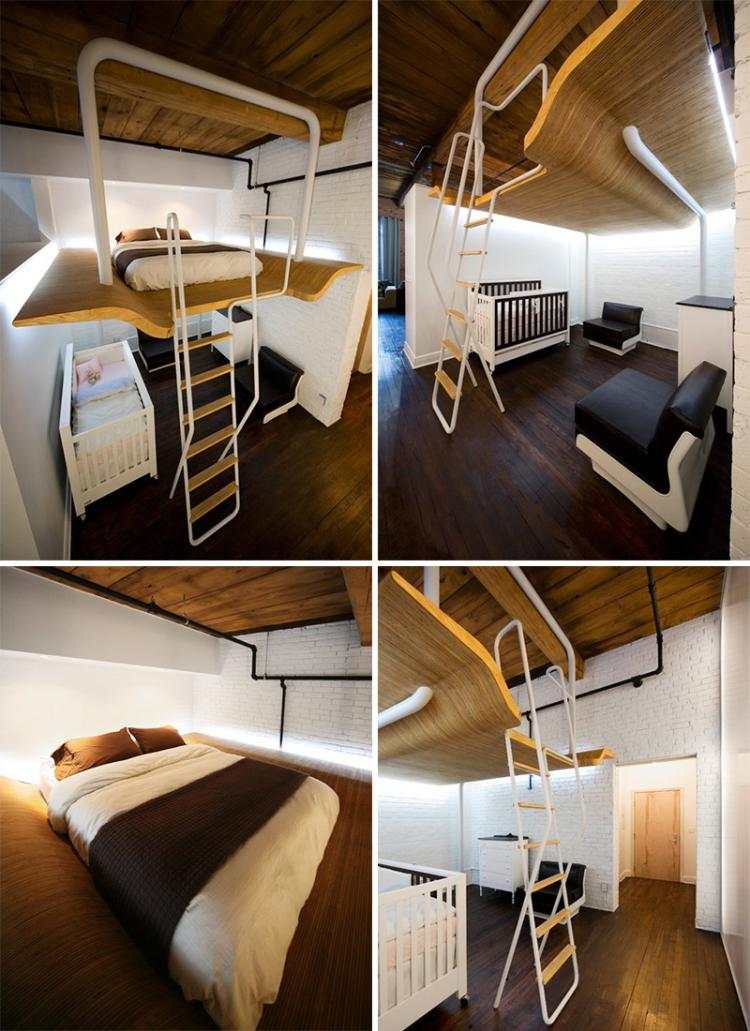 Loft-säng-vuxna-platsbesparande-liten-lägenhet-indirekt-belysning-tegel-vägg-vit
