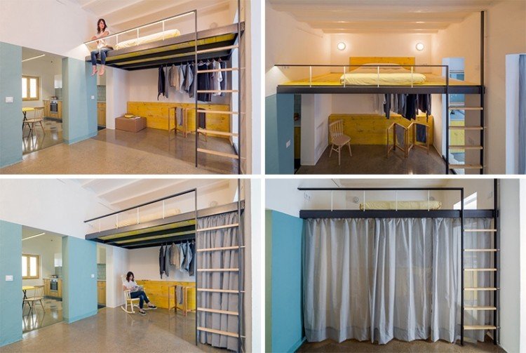 Loft-säng-vuxna-platsbesparande-liten-lägenhet-metall-gardiner-moderna