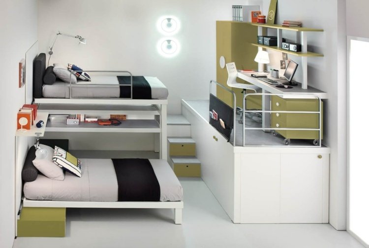 Loft-säng-i-tonåring-rummet-original-design-idé-grön-svart-skrivbord-piedestal