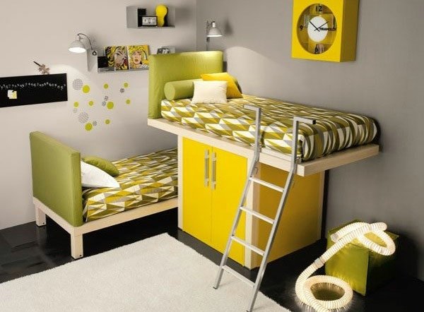 Loft säng garderob design-grönt rum