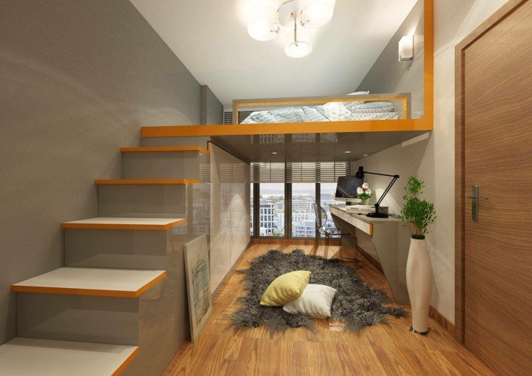 Minimalistiska högglansiga loftsängar för vuxna med inbyggd garderob under trappan