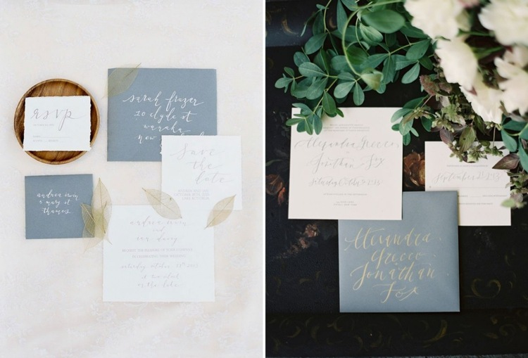 bröllopsidéer rökig blå inbjudningskort kuvertdesign