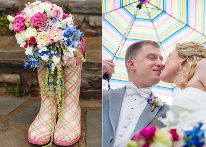 Bröllopsplanering gummistövlar blomkrukor paraply