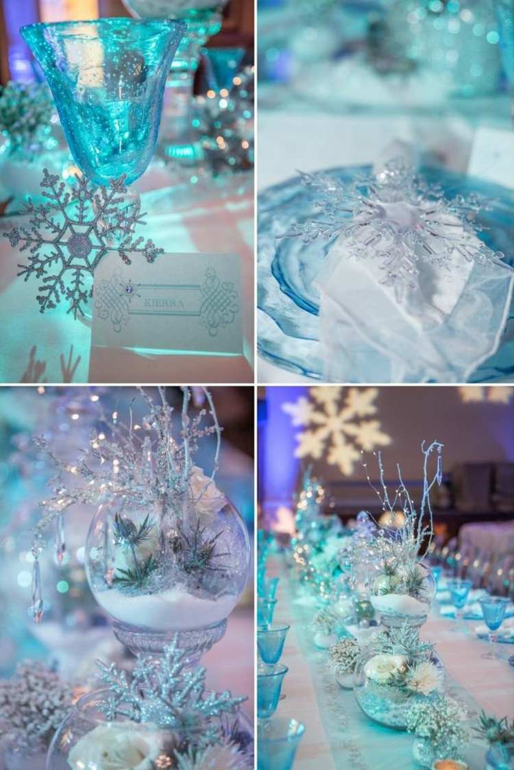 bröllopsplanering isdrottning-blå-glas-tallrik-bord-design-snöflingor-konstsnö