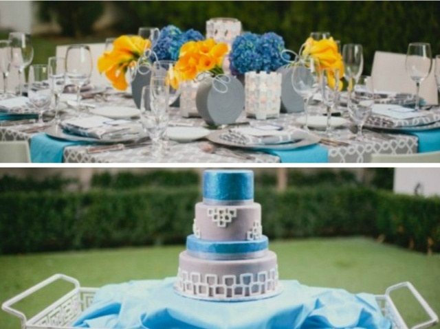 Bröllop-tårta-med-blå-accenter-blommor-på-Tsch-i-orange