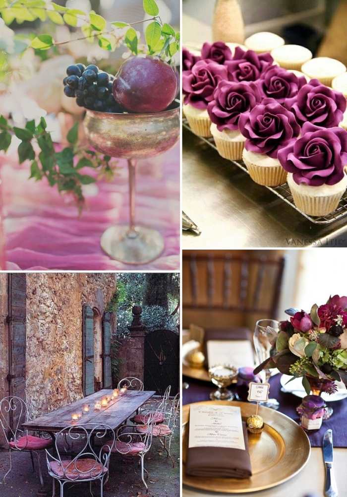 bröllopsdekoration i plommonidéer-frukter-muffins-blommor