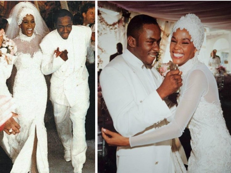 Bröllopsklänningar av stjärnorna -vintage-spets-huvudbonad-Whitney-Houston